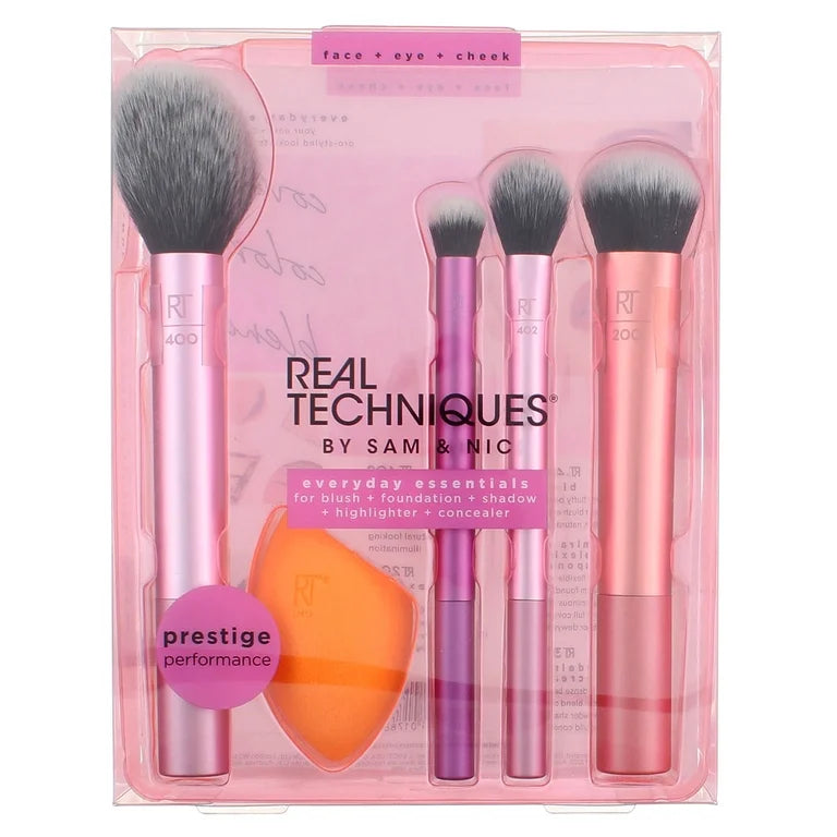 Real Techniques Everyday Essentials Kit, Makeup Brush & Beauty Sponge Set, 5 Piece Set